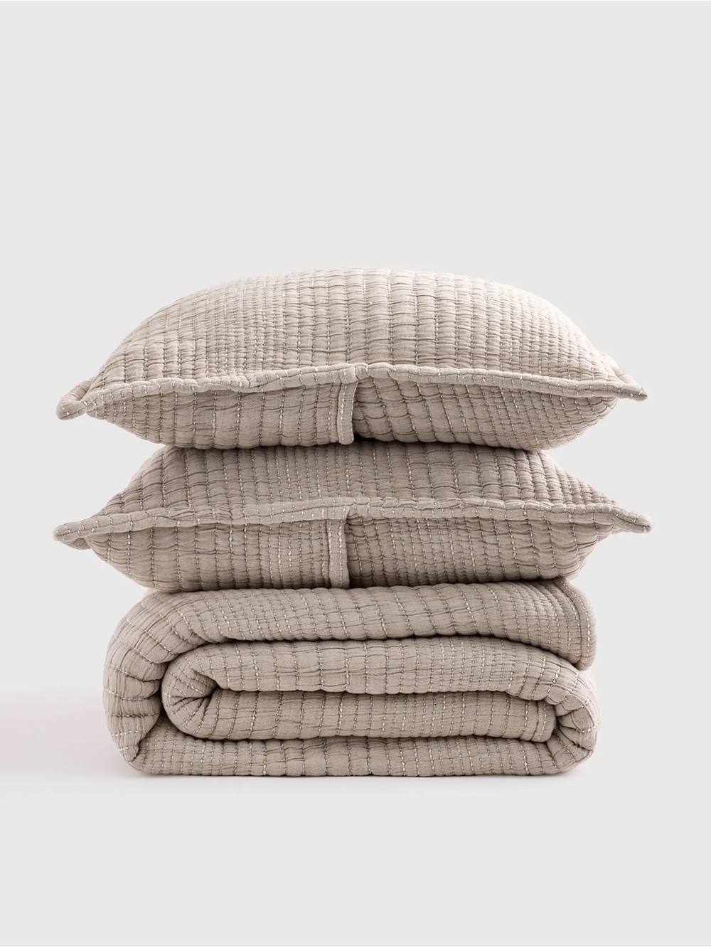 Quince Organic Cotton Channel Stitch Coverlet Set Taupe King NWT